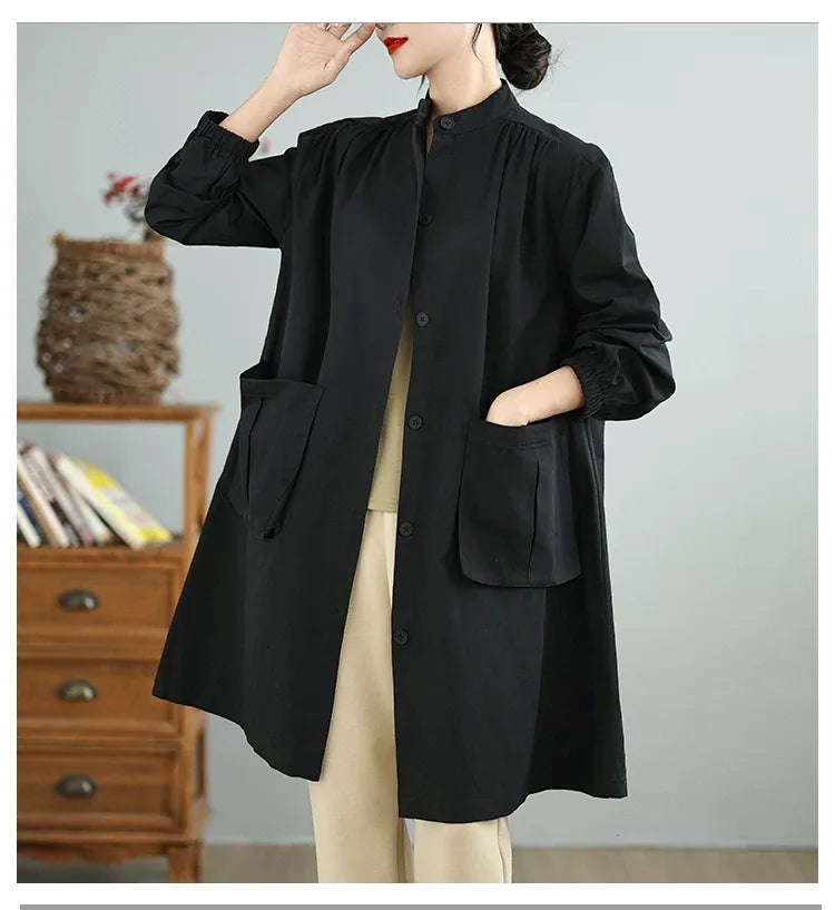 Stand Collar Lantern Sleeve Patch Pocket Long Coat