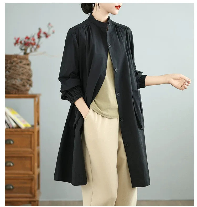 Stand Collar Lantern Sleeve Patch Pocket Long Coat