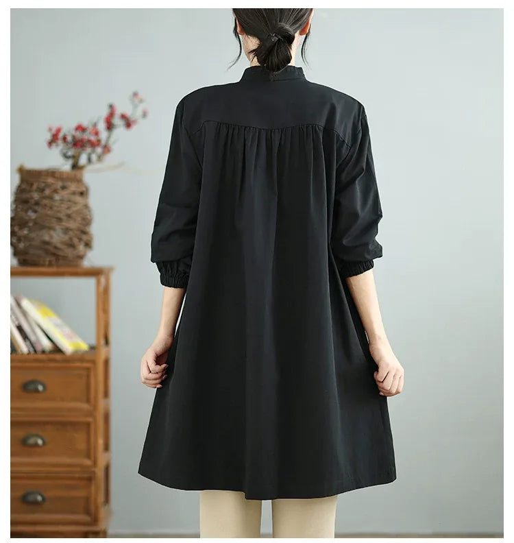 Stand Collar Lantern Sleeve Patch Pocket Long Coat