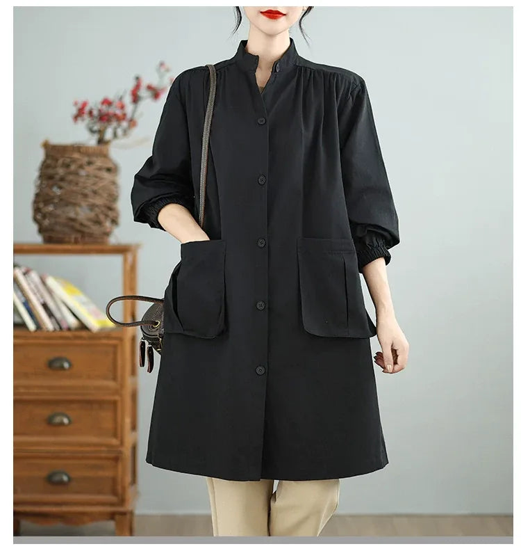 Stand Collar Lantern Sleeve Patch Pocket Long Coat