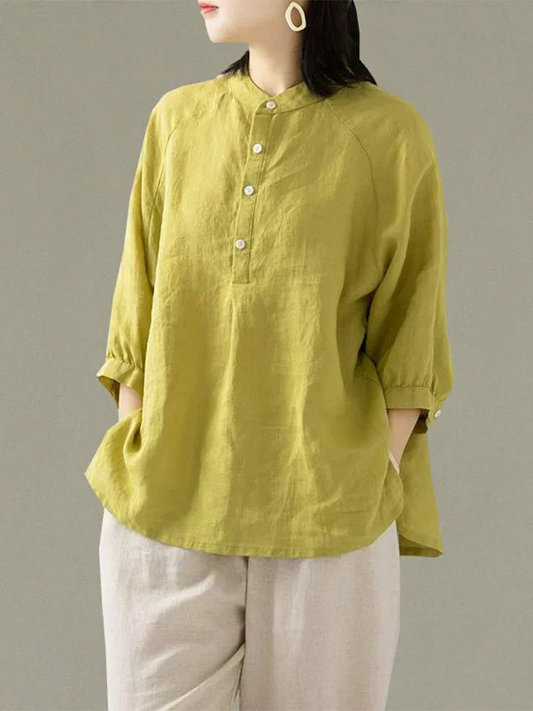 Stand Collar Partial Button Three Quarter Sleeve Shirt