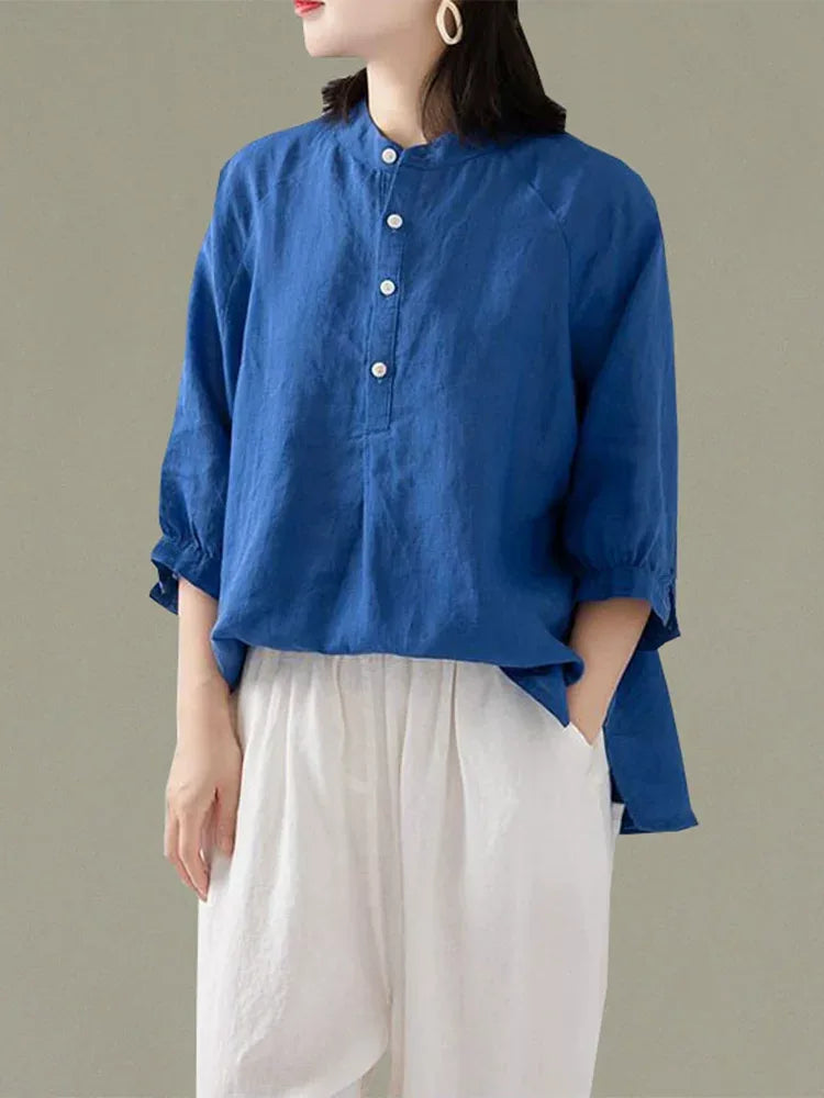 Stand Collar Partial Button Three Quarter Sleeve Shirt