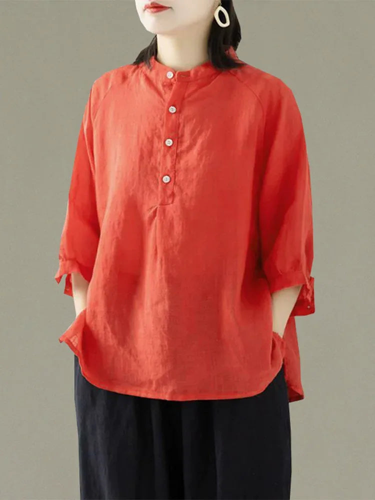 Stand Collar Partial Button Three Quarter Sleeve Shirt