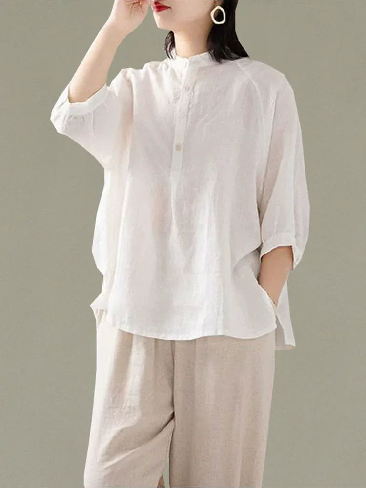 Stand Collar Partial Button Three Quarter Sleeve Shirt