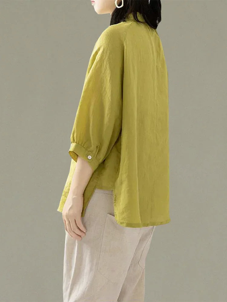 Stand Collar Partial Button Three Quarter Sleeve Shirt