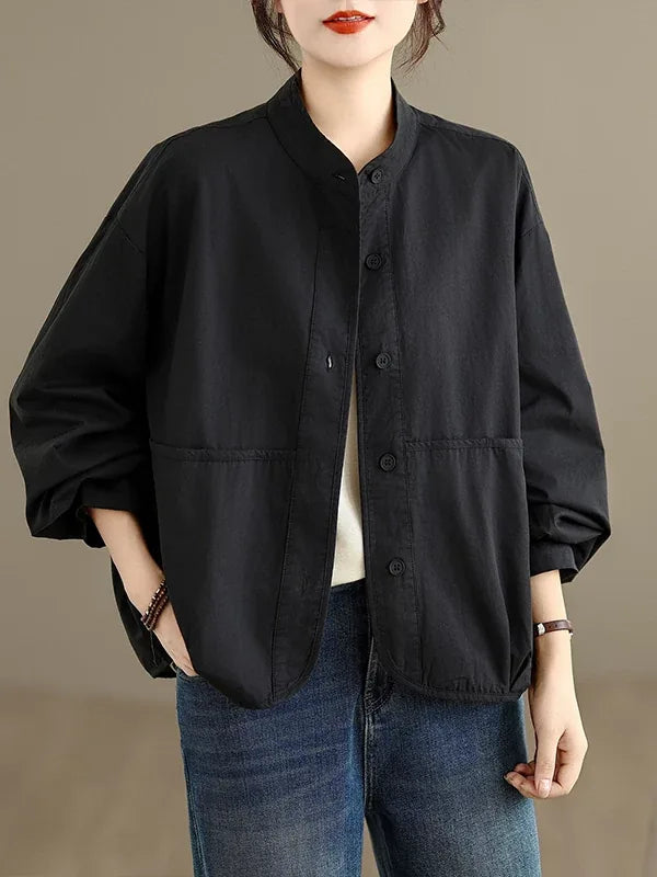 Stand Collar Patch Pocket Button-Down Shirt
