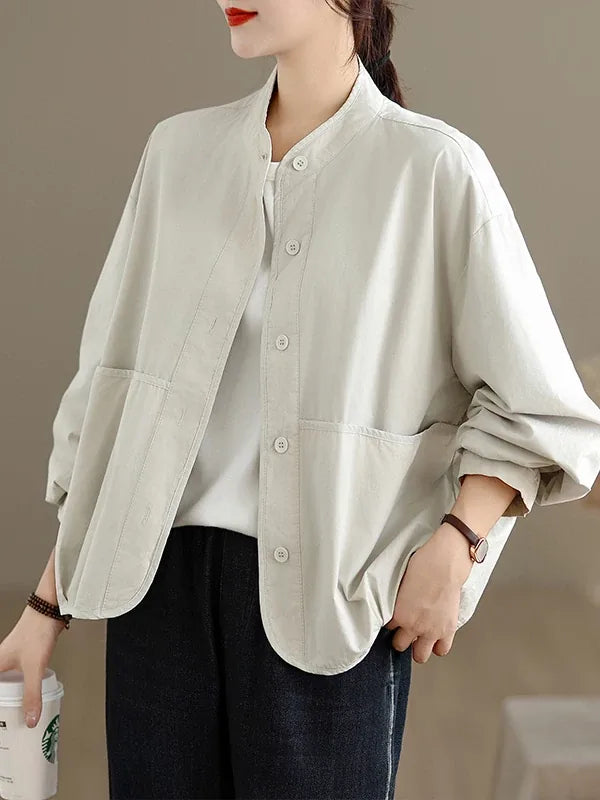 Stand Collar Patch Pocket Button-Down Shirt