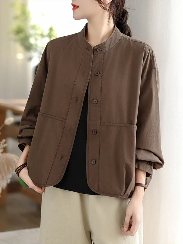 Stand Collar Patch Pocket Button-Down Shirt