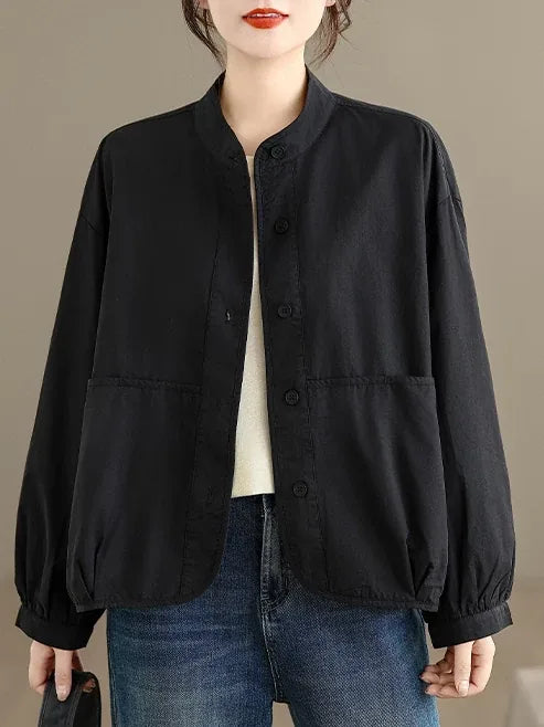 Stand Collar Patch Pocket Button-Down Shirt