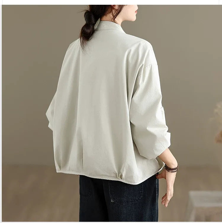Stand Collar Patch Pocket Button-Down Shirt