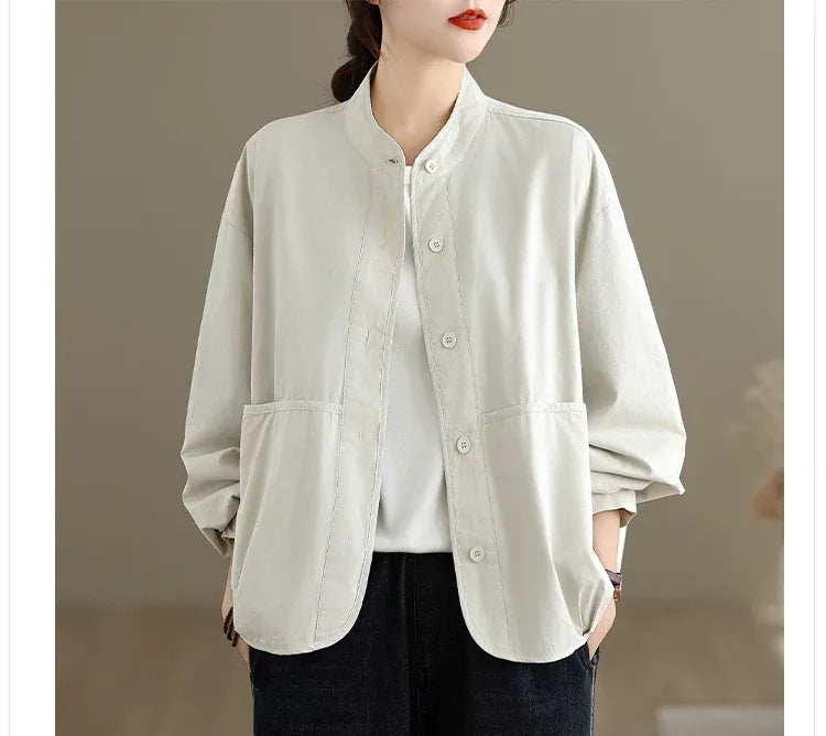 Stand Collar Patch Pocket Button-Down Shirt