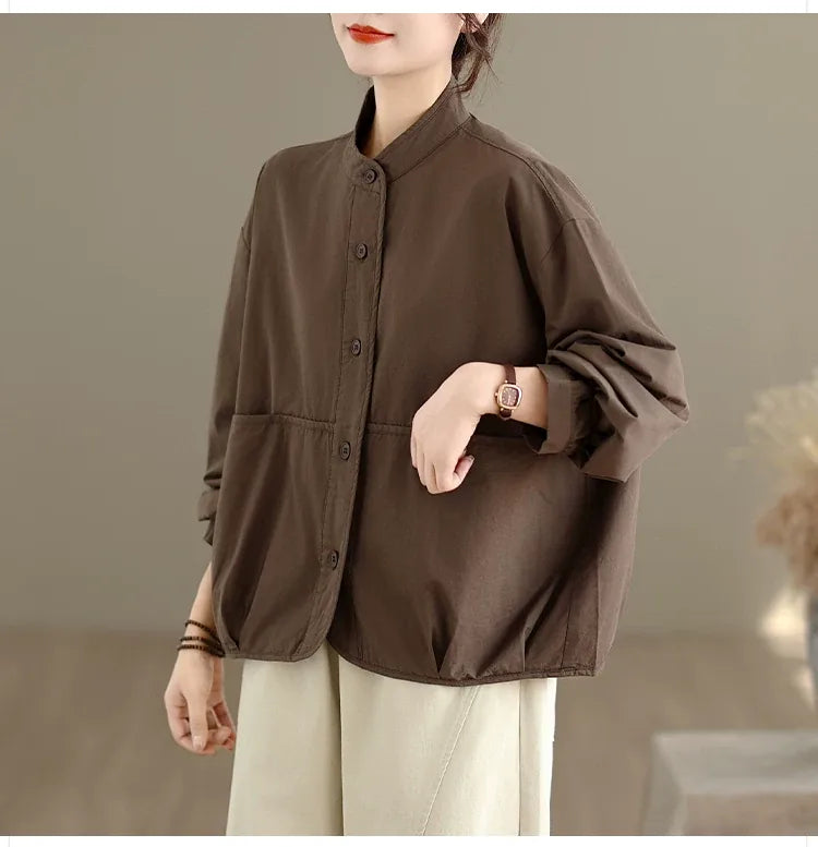 Stand Collar Patch Pocket Button-Down Shirt