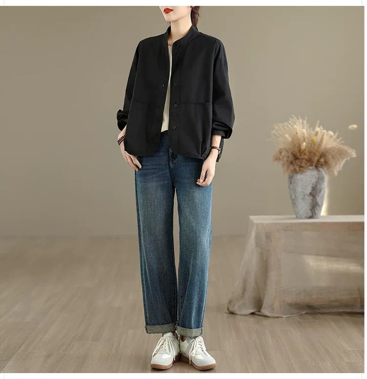 Stand Collar Patch Pocket Button-Down Shirt