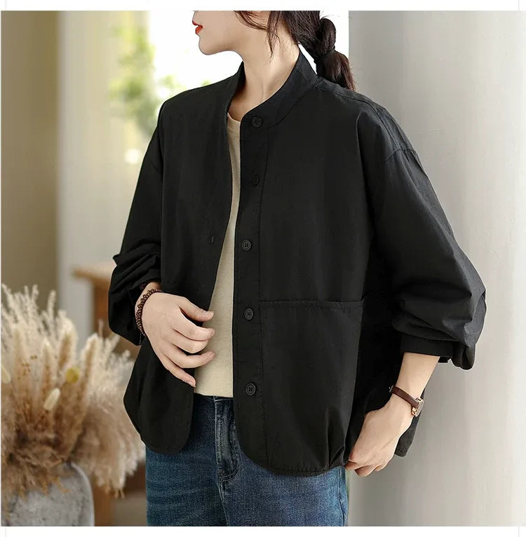 Stand Collar Patch Pocket Button-Down Shirt