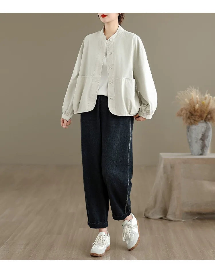 Stand Collar Patch Pocket Button-Down Shirt