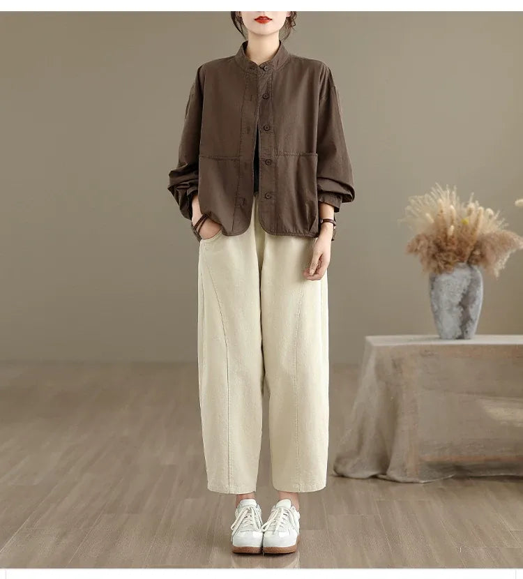 Stand Collar Patch Pocket Button-Down Shirt
