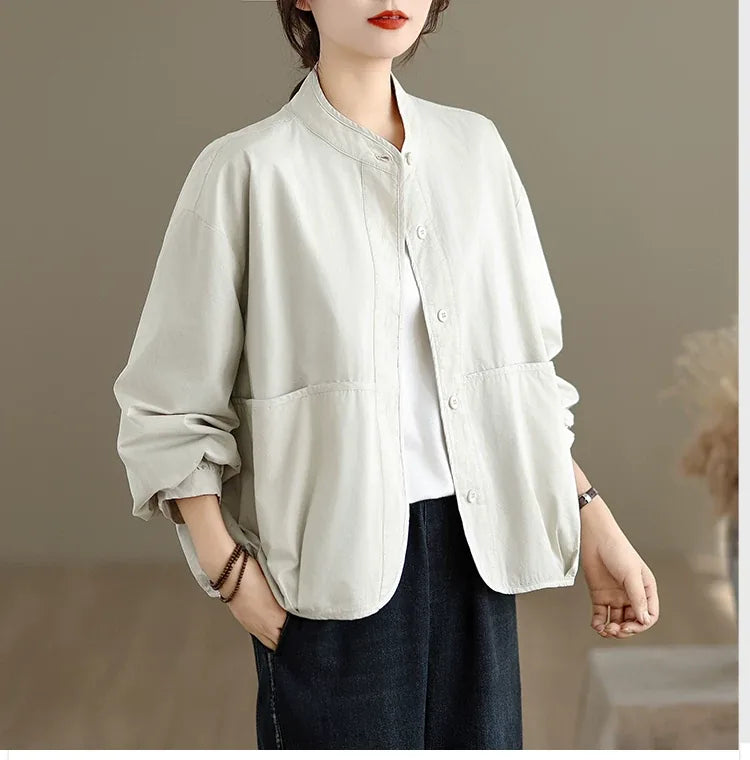 Stand Collar Patch Pocket Button-Down Shirt