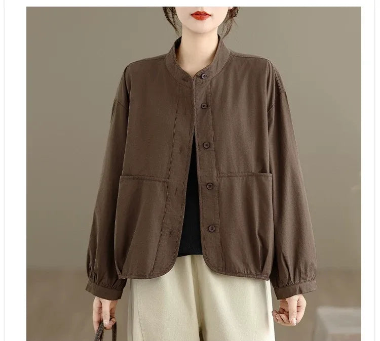 Stand Collar Patch Pocket Button-Down Shirt