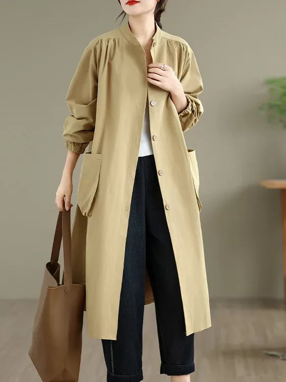 Stand Collar Patch Pocket Long Sleeve Midi Coat