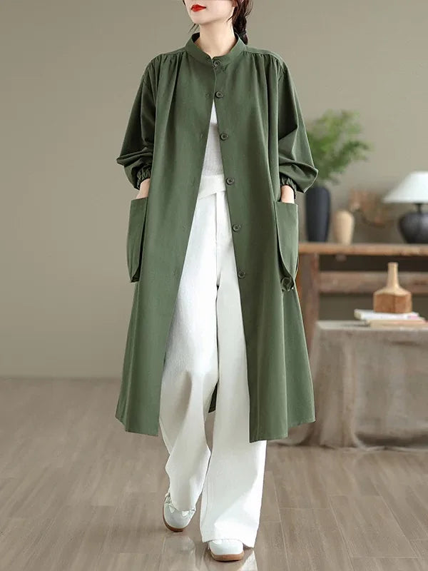 Stand Collar Patch Pocket Long Sleeve Midi Coat