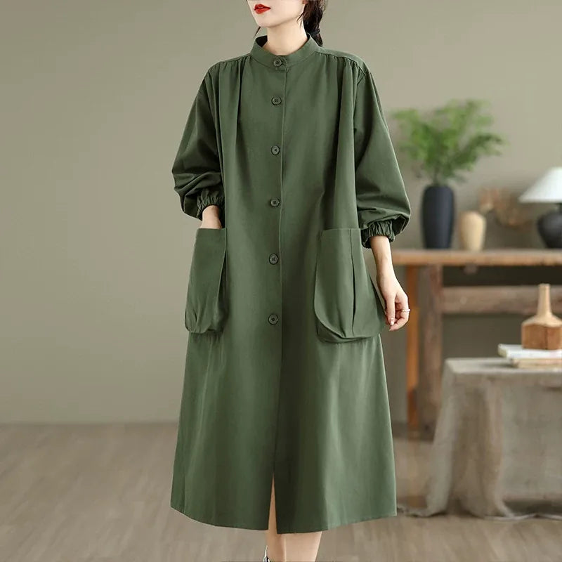 Stand Collar Patch Pocket Long Sleeve Midi Coat