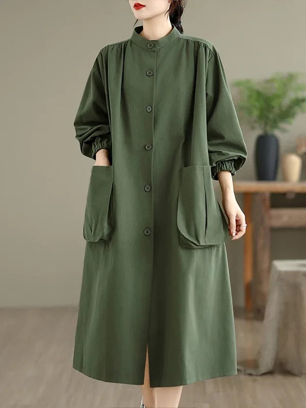 Stand Collar Patch Pocket Long Sleeve Midi Coat