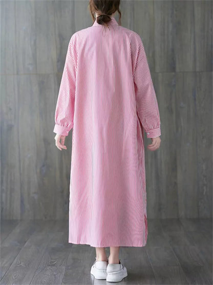 Vestido camisero a rayas de manga larga con cuello alto y estilo artístico para mujer