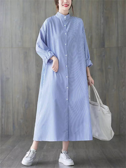 Vestido camisero a rayas de manga larga con cuello alto y estilo artístico para mujer