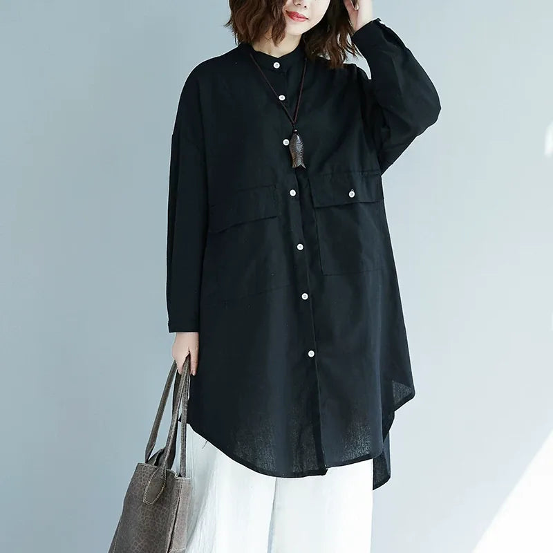 Stand Collar Textured Tunic with Patch Pockets