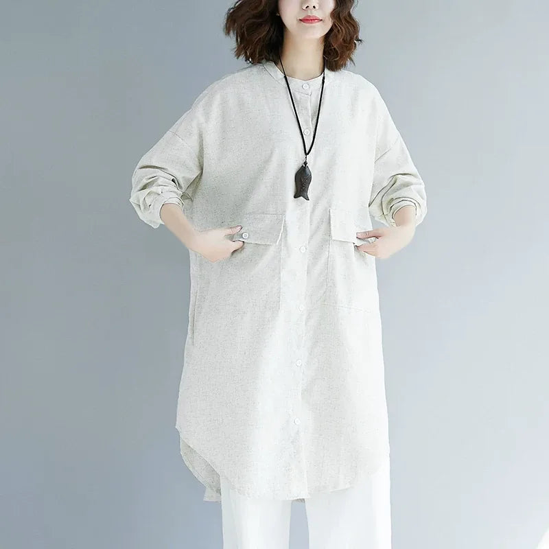 Stand Collar Textured Tunic with Patch Pockets