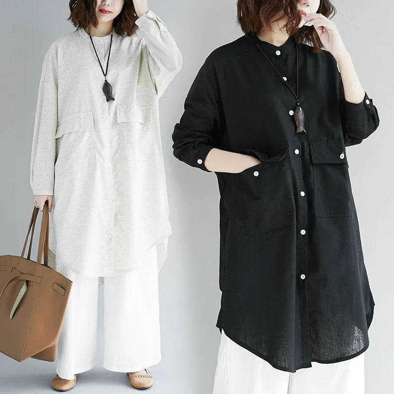 Stand Collar Textured Tunic with Patch Pockets