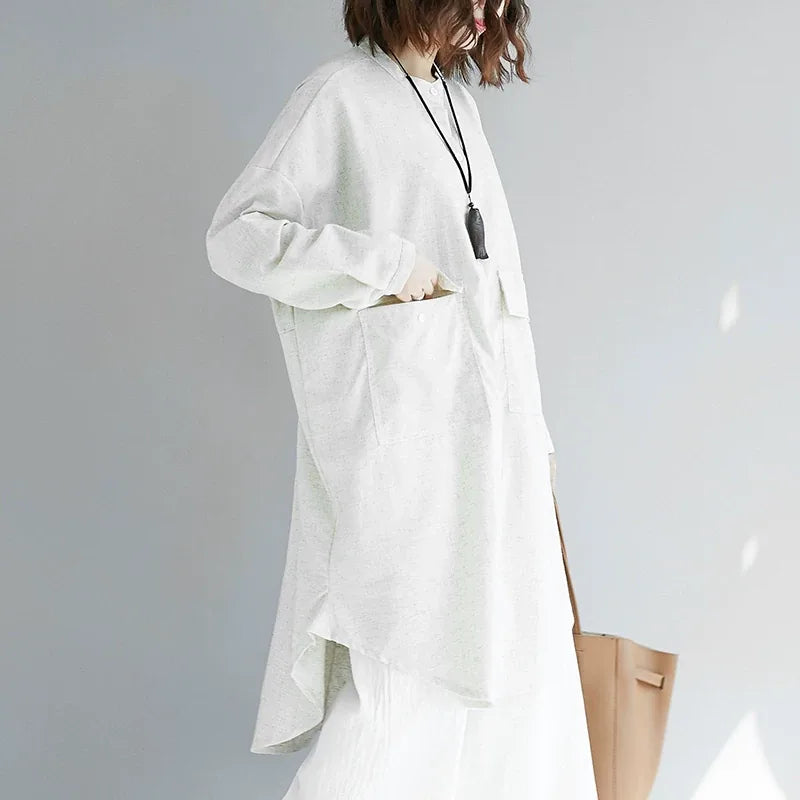 Stand Collar Textured Tunic with Patch Pockets