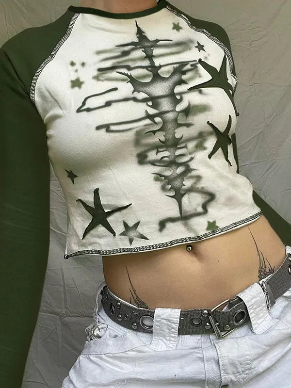 Star Graffiti Graphic Ragalan Long Sleeve T-shirt