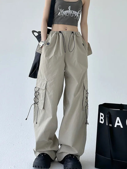 Street Drawstring Parachute Wide Leg Cargo Pants