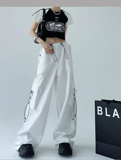 Street Drawstring Parachute Wide Leg Cargo Pants