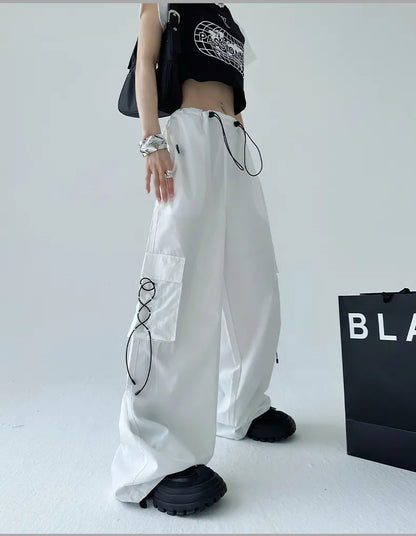 Street Drawstring Parachute Wide Leg Cargo Pants