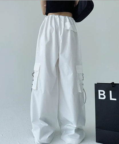 Street Drawstring Parachute Wide Leg Cargo Pants