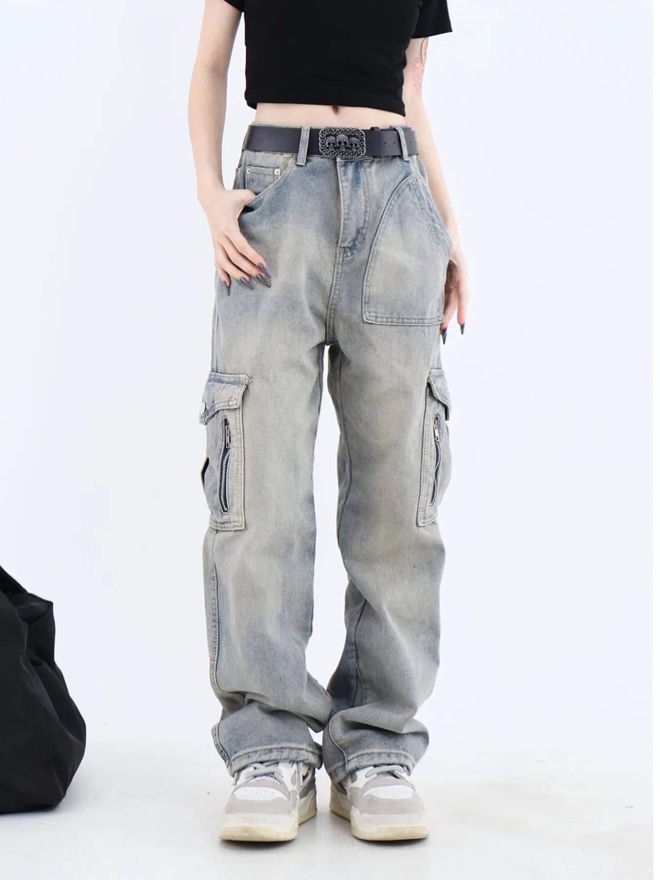 Street Vintage Side Pockets Baggy Denim Pants