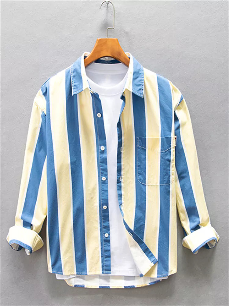 Camisa holgada de algodón con rayas y bloques de color para hombre