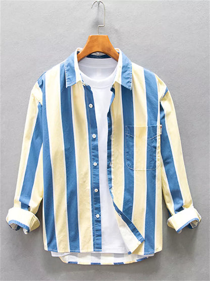 Streetwear-Streifenhemd aus Baumwolle mit Farbblock-Design und lockerer Passform für Herren