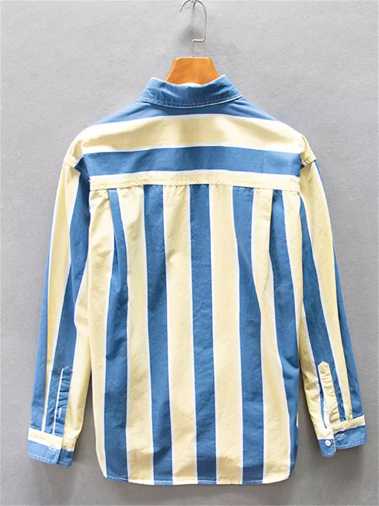 Camisa holgada de algodón con rayas y bloques de color para hombre