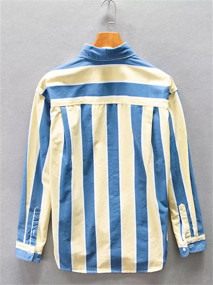 Streetwear-Streifenhemd aus Baumwolle mit Farbblock-Design und lockerer Passform für Herren