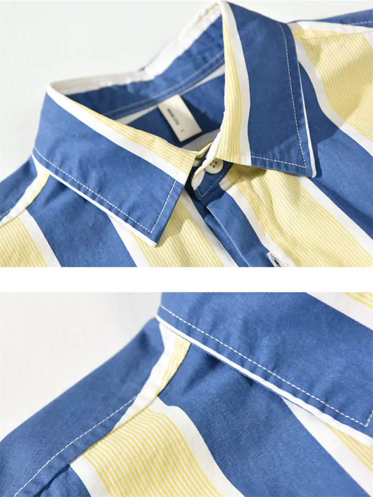Camisa holgada de algodón con rayas y bloques de color para hombre
