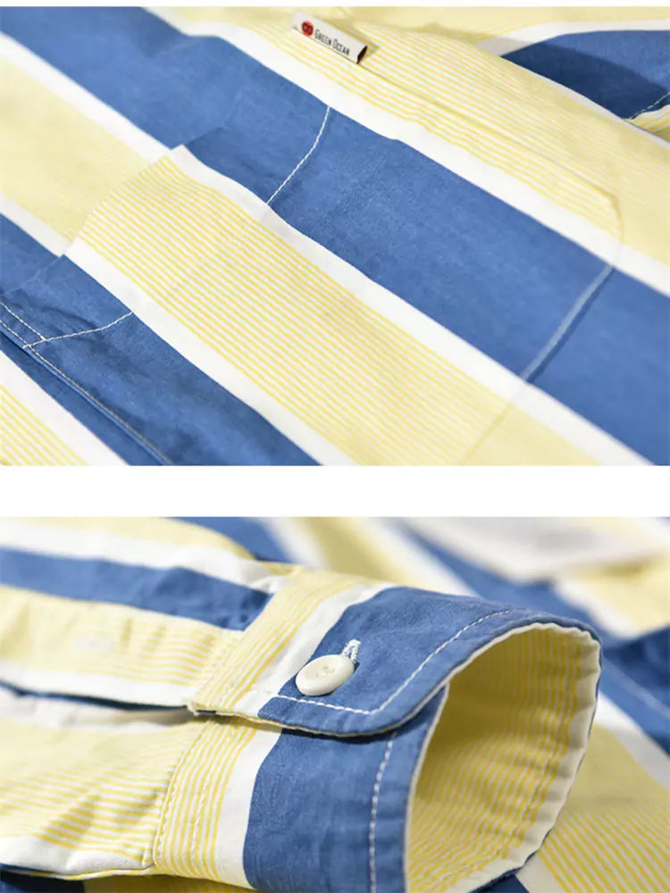 Camisa holgada de algodón con rayas y bloques de color para hombre