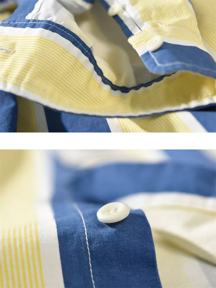Camisa holgada de algodón con rayas y bloques de color para hombre