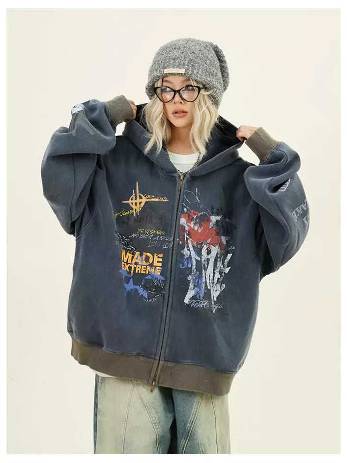 Streetwear Relaxed Graffiti Print Hoodie