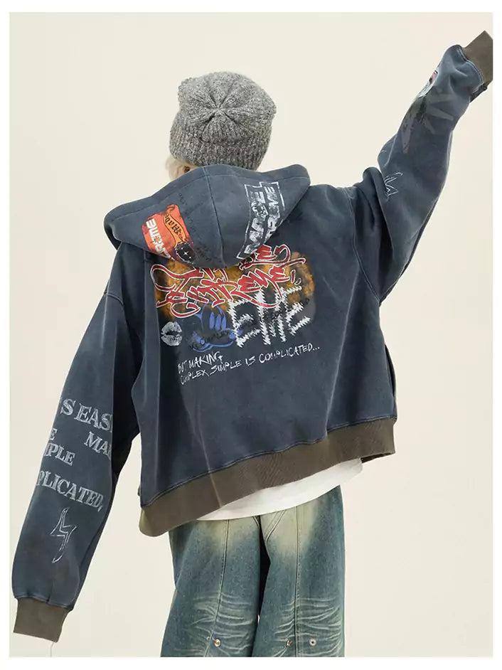 Streetwear Relaxed Graffiti Print Hoodie