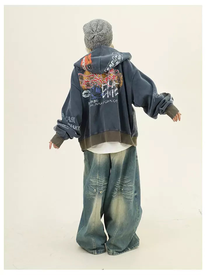 Streetwear Relaxed Graffiti Print Hoodie