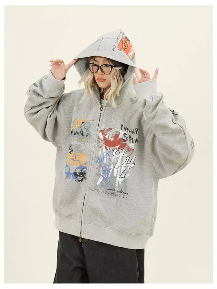 Streetwear Relaxed Graffiti Print Hoodie