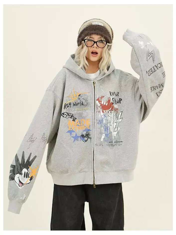 Streetwear Relaxed Graffiti Print Hoodie